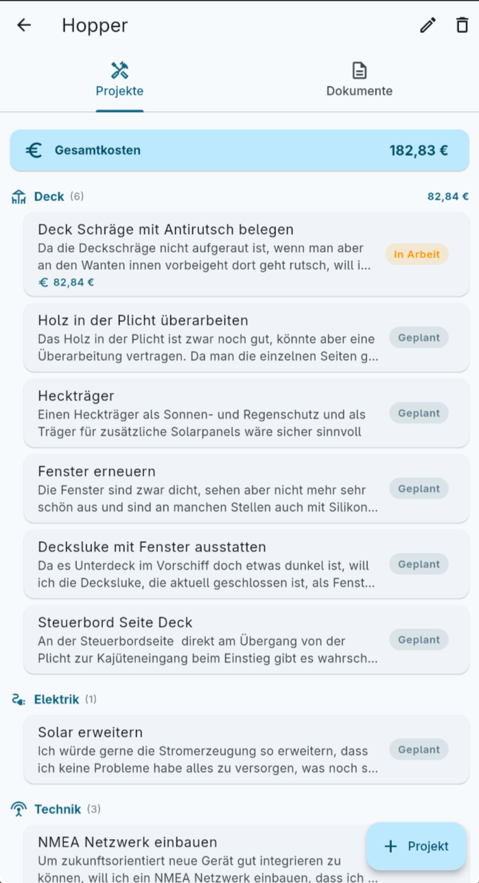Projekt-Detailansicht in BoatRefit